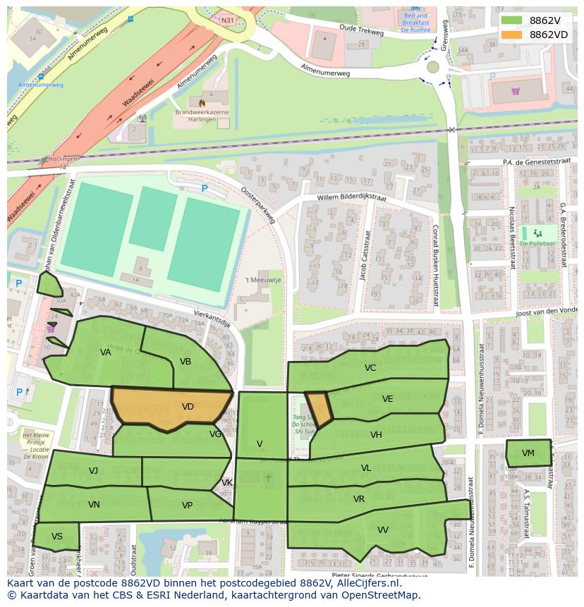 Afbeelding van het postcodegebied 8862 VD op de kaart.