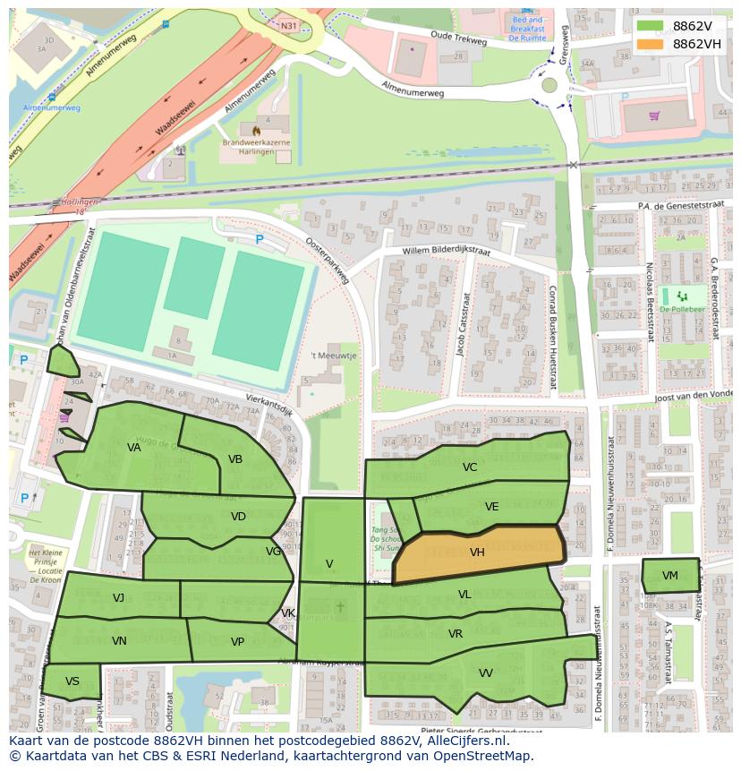 Afbeelding van het postcodegebied 8862 VH op de kaart.