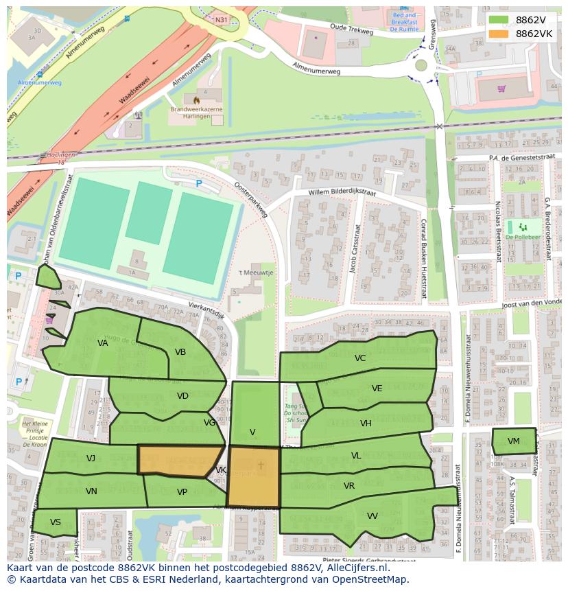 Afbeelding van het postcodegebied 8862 VK op de kaart.