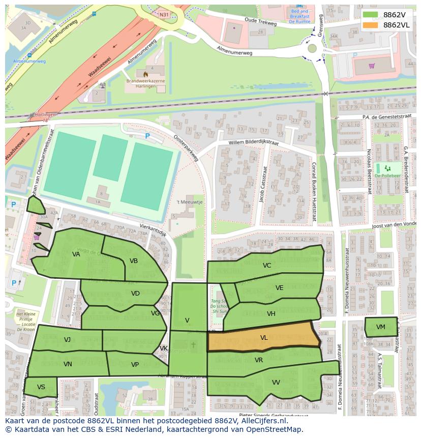 Afbeelding van het postcodegebied 8862 VL op de kaart.