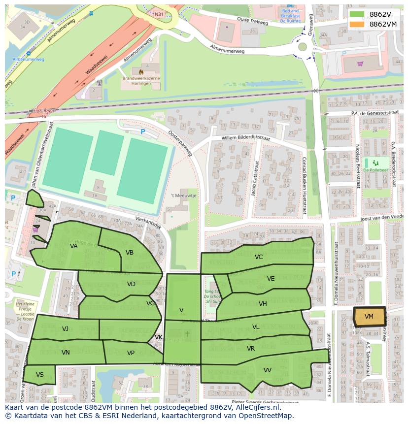 Afbeelding van het postcodegebied 8862 VM op de kaart.