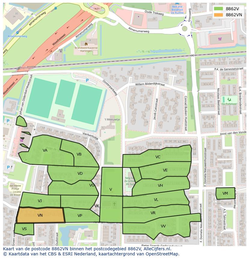 Afbeelding van het postcodegebied 8862 VN op de kaart.