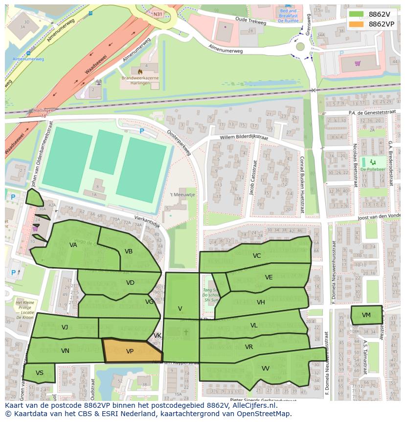 Afbeelding van het postcodegebied 8862 VP op de kaart.