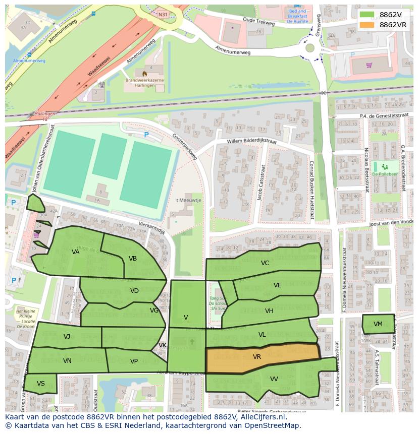 Afbeelding van het postcodegebied 8862 VR op de kaart.