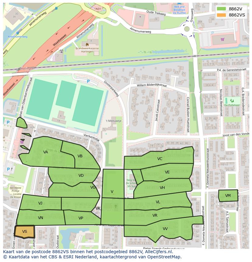 Afbeelding van het postcodegebied 8862 VS op de kaart.