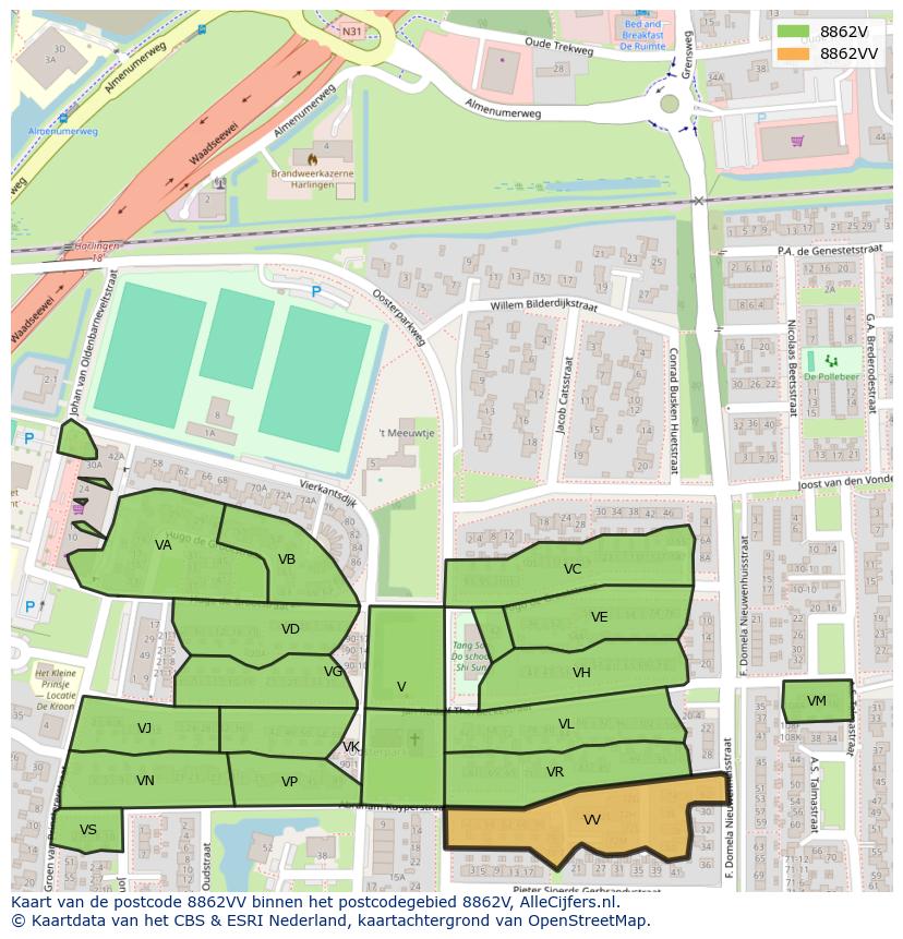 Afbeelding van het postcodegebied 8862 VV op de kaart.