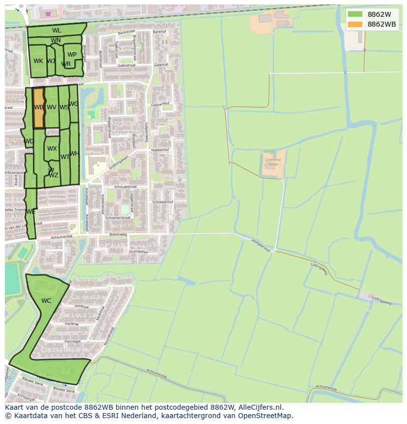 Afbeelding van het postcodegebied 8862 WB op de kaart.