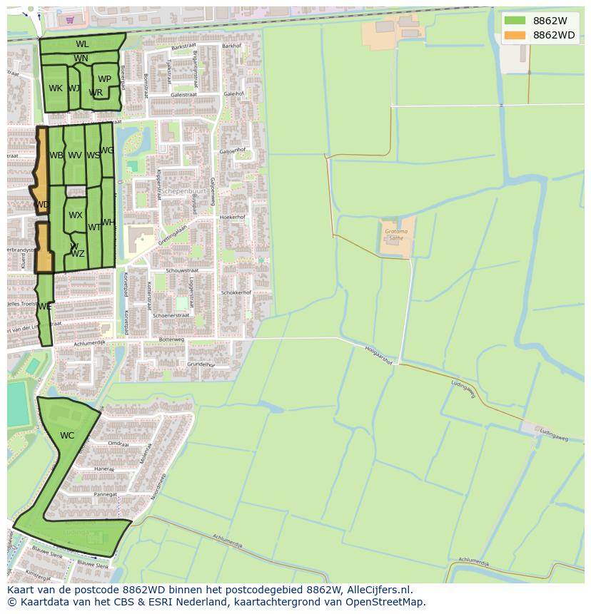 Afbeelding van het postcodegebied 8862 WD op de kaart.