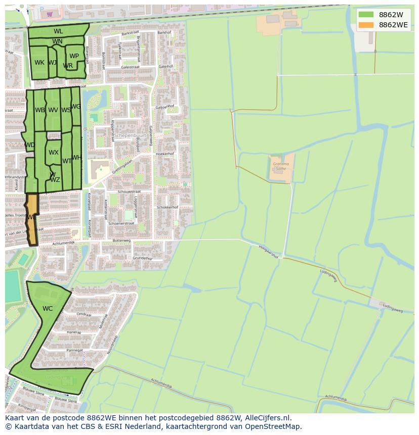 Afbeelding van het postcodegebied 8862 WE op de kaart.