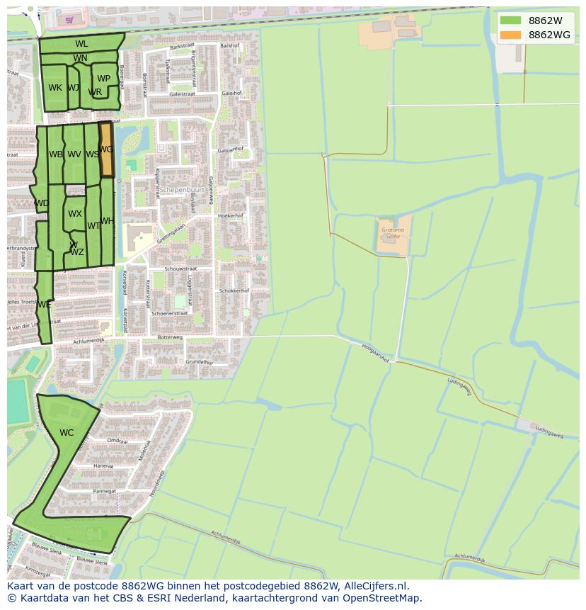 Afbeelding van het postcodegebied 8862 WG op de kaart.