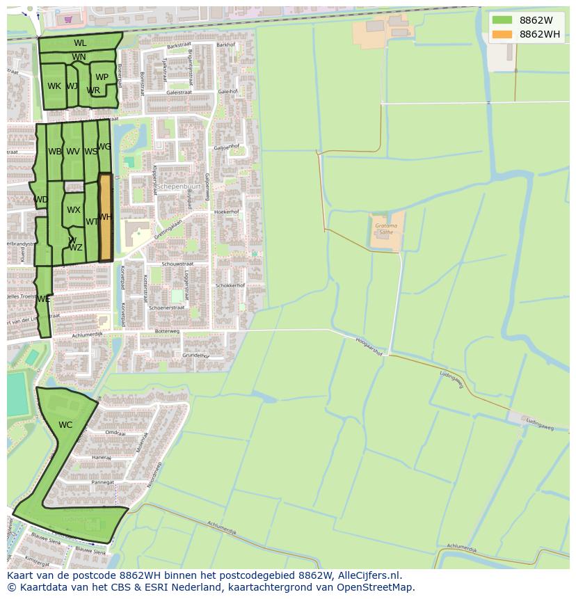 Afbeelding van het postcodegebied 8862 WH op de kaart.