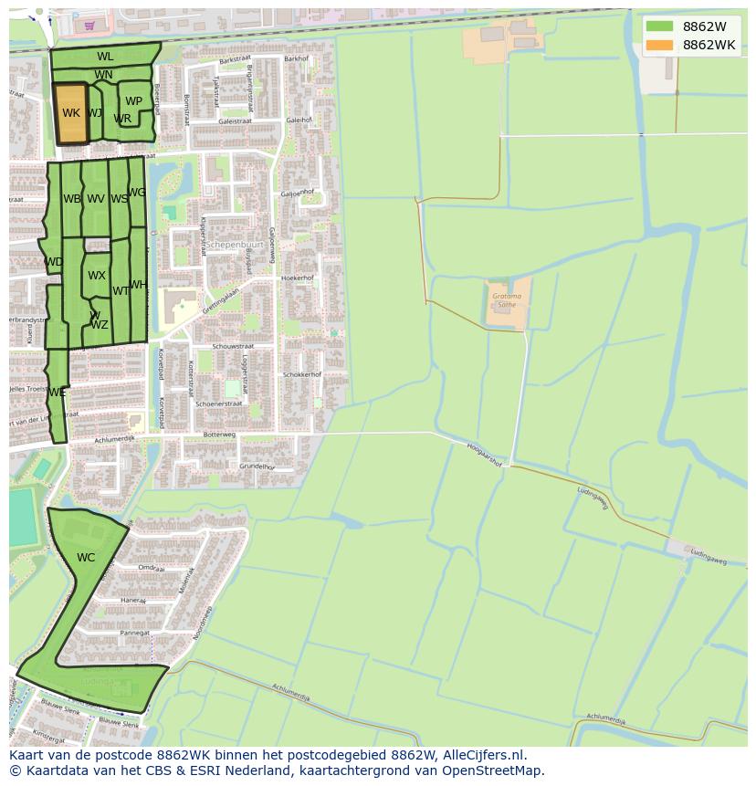 Afbeelding van het postcodegebied 8862 WK op de kaart.