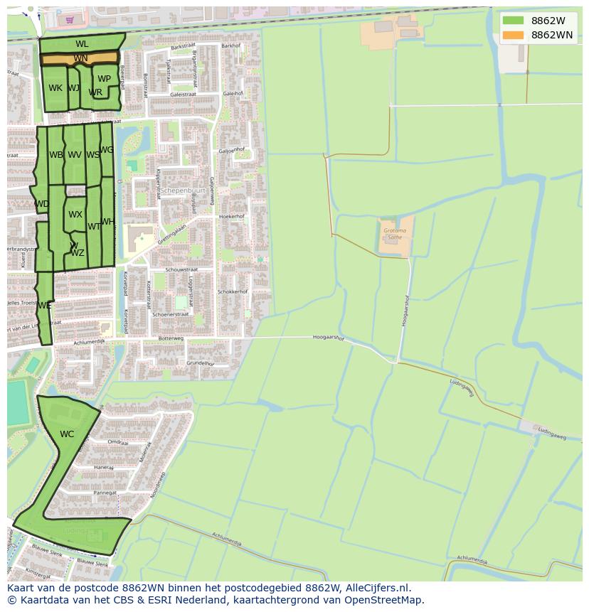 Afbeelding van het postcodegebied 8862 WN op de kaart.