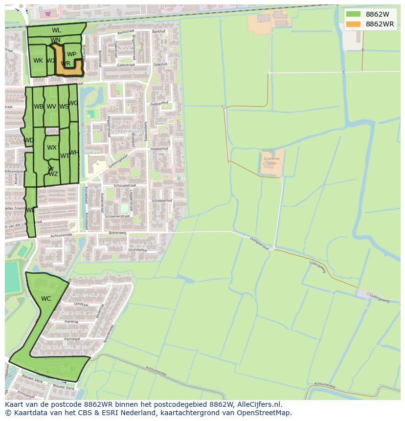 Afbeelding van het postcodegebied 8862 WR op de kaart.