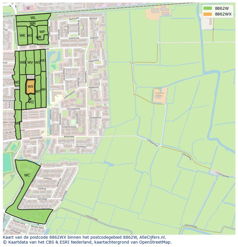 Afbeelding van het postcodegebied 8862 WX op de kaart.