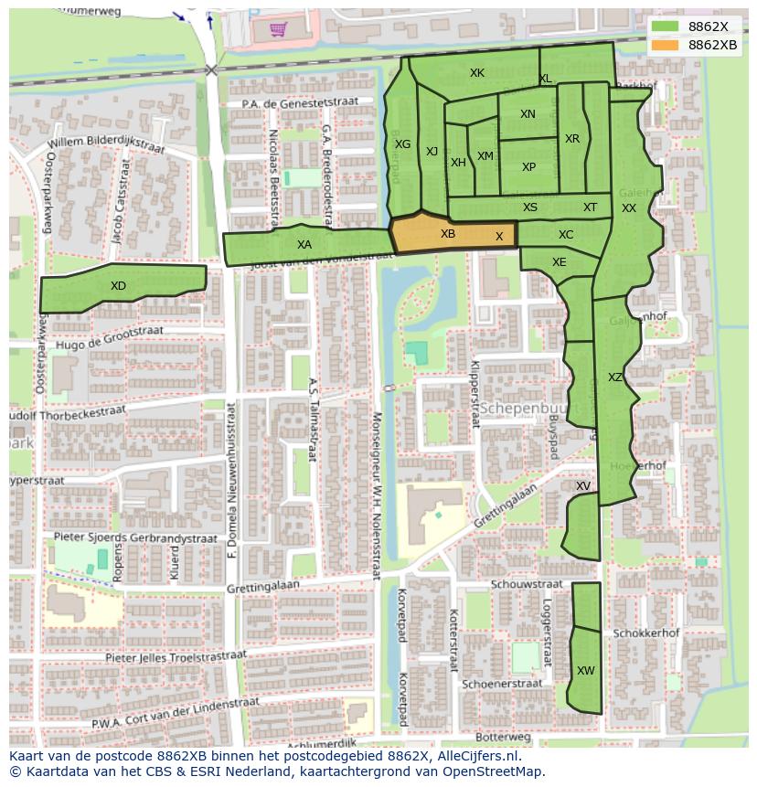 Afbeelding van het postcodegebied 8862 XB op de kaart.