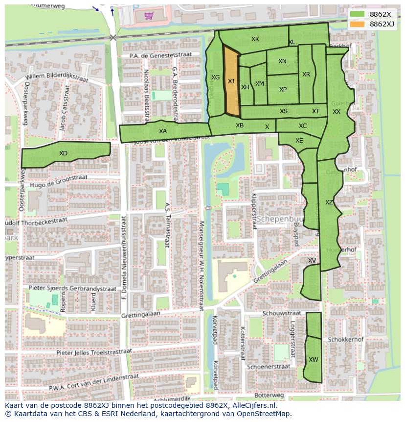 Afbeelding van het postcodegebied 8862 XJ op de kaart.
