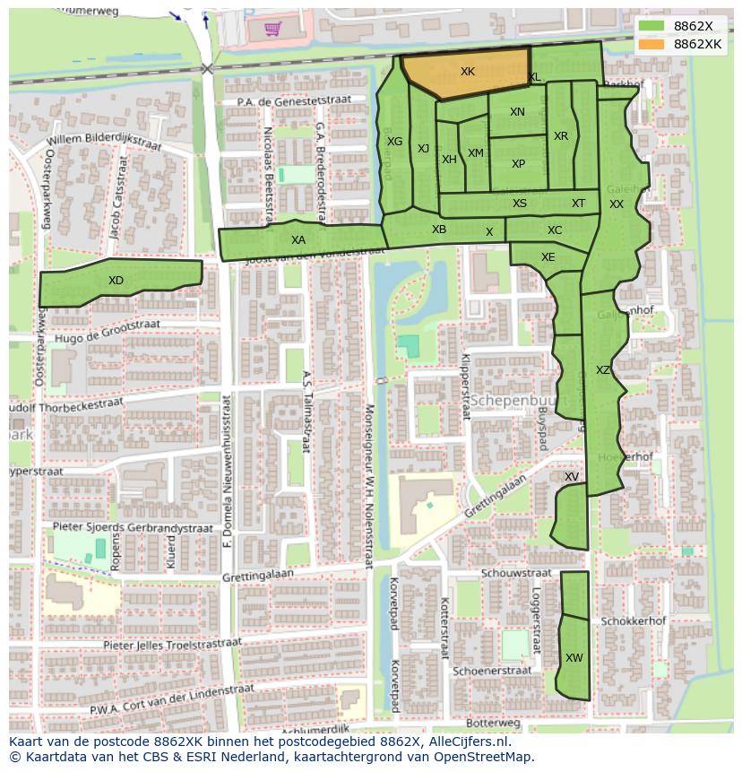 Afbeelding van het postcodegebied 8862 XK op de kaart.