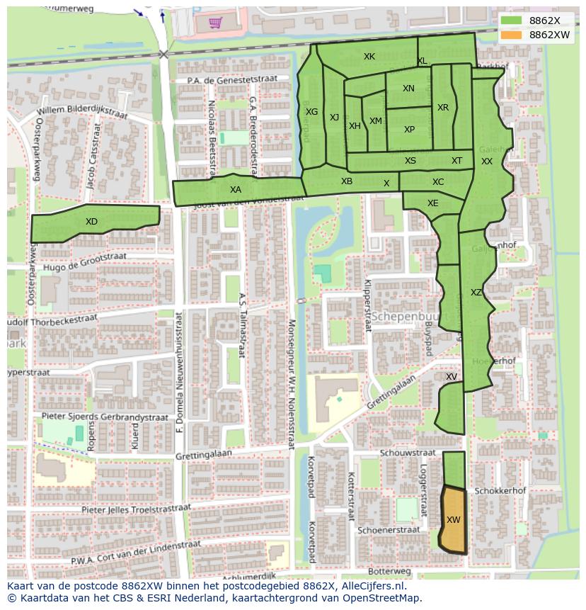 Afbeelding van het postcodegebied 8862 XW op de kaart.