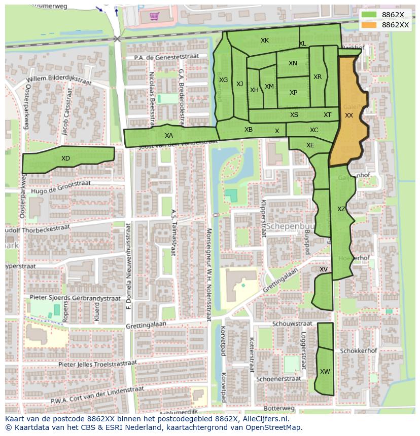 Afbeelding van het postcodegebied 8862 XX op de kaart.