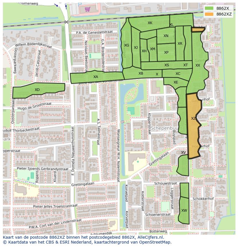 Afbeelding van het postcodegebied 8862 XZ op de kaart.