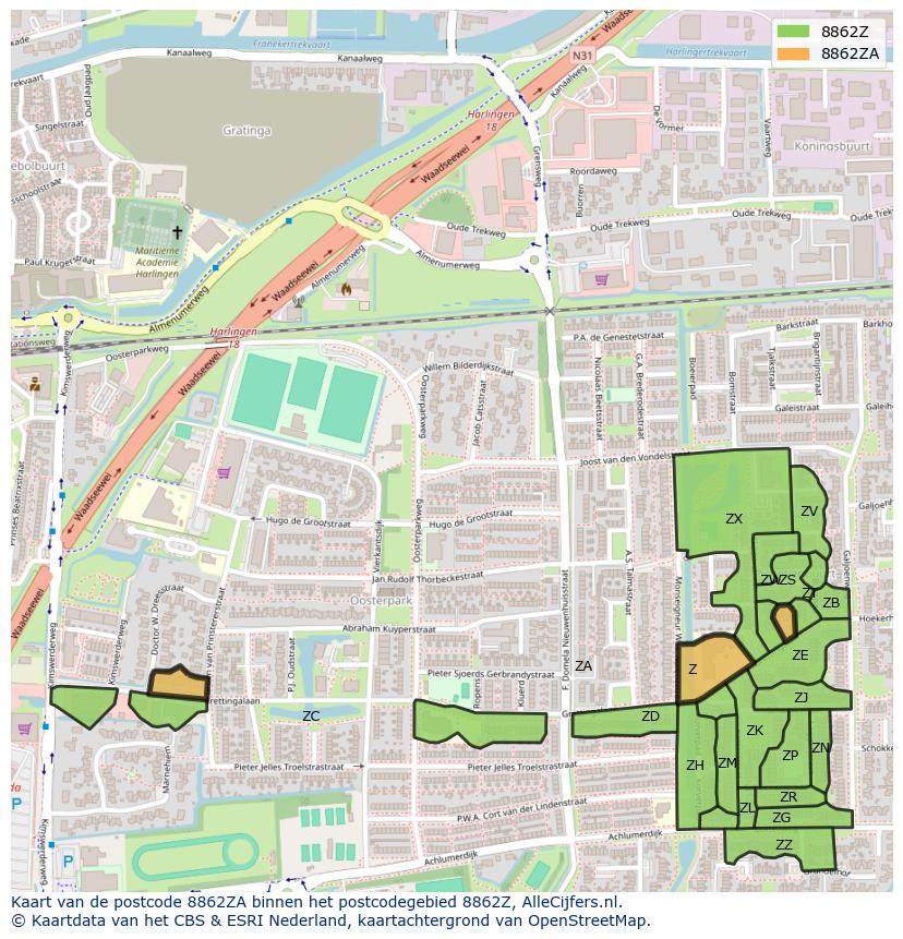 Afbeelding van het postcodegebied 8862 ZA op de kaart.