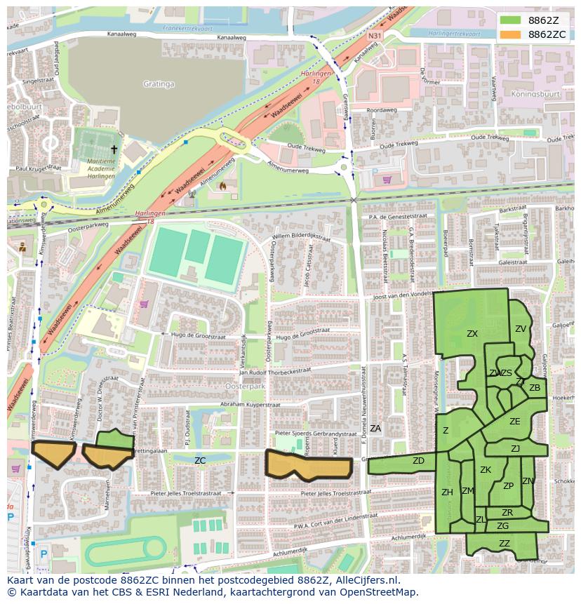 Afbeelding van het postcodegebied 8862 ZC op de kaart.