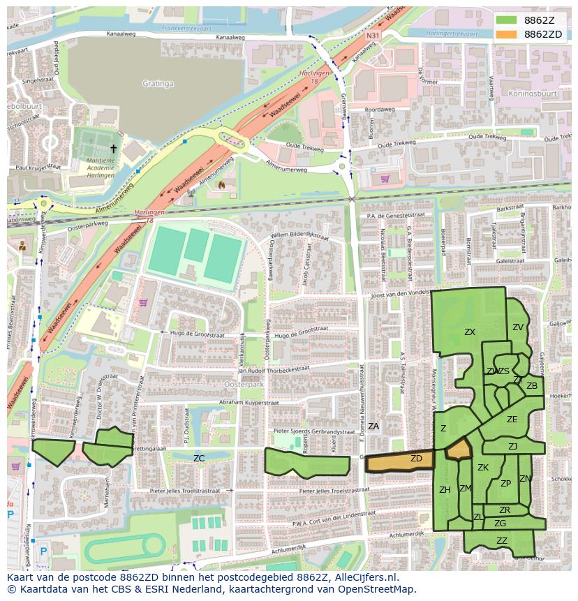 Afbeelding van het postcodegebied 8862 ZD op de kaart.