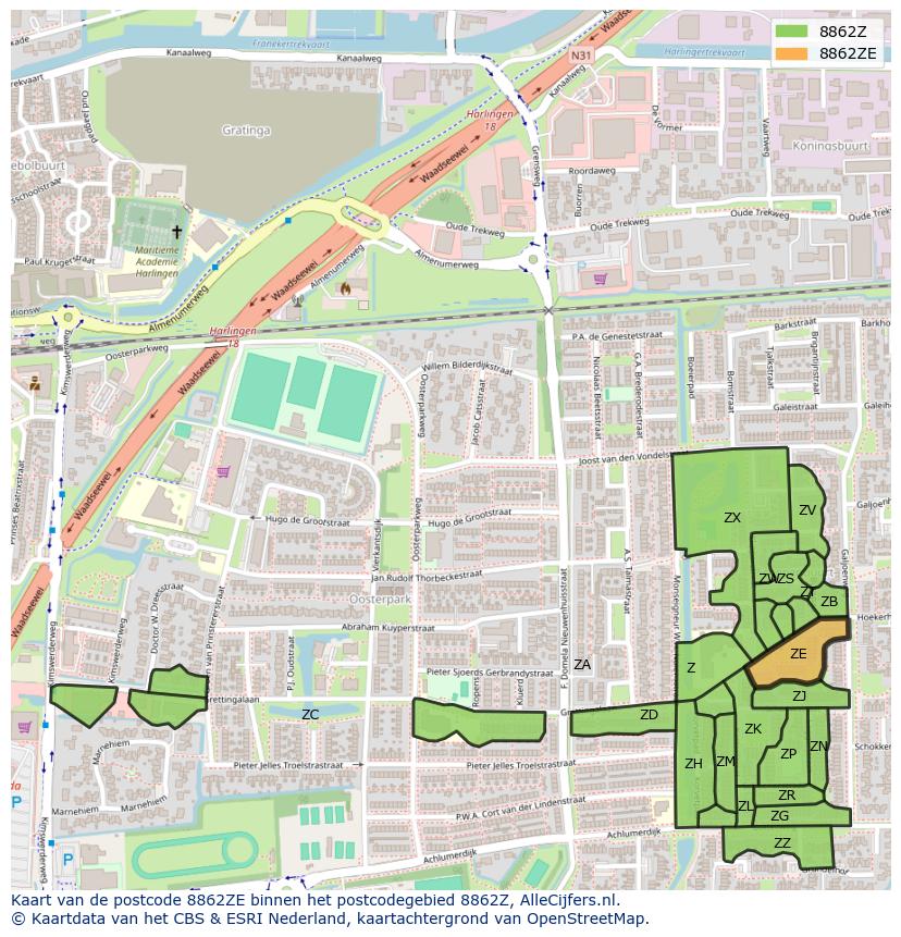 Afbeelding van het postcodegebied 8862 ZE op de kaart.