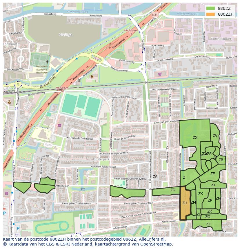 Afbeelding van het postcodegebied 8862 ZH op de kaart.