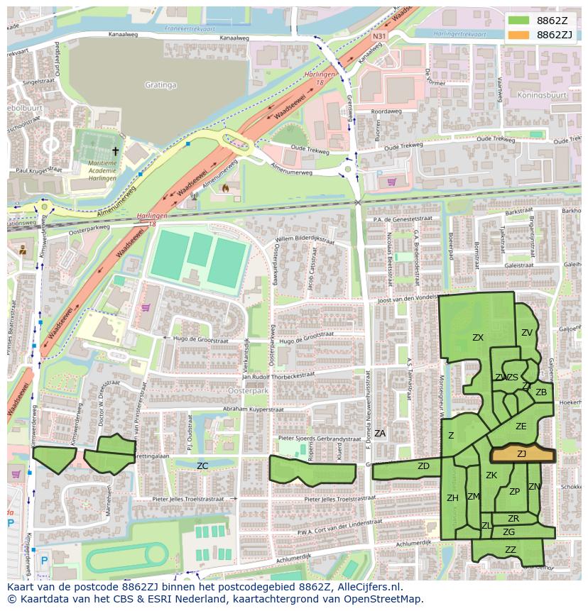Afbeelding van het postcodegebied 8862 ZJ op de kaart.