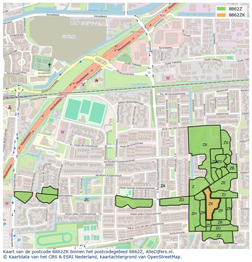 Afbeelding van het postcodegebied 8862 ZK op de kaart.