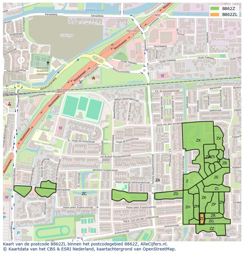 Afbeelding van het postcodegebied 8862 ZL op de kaart.