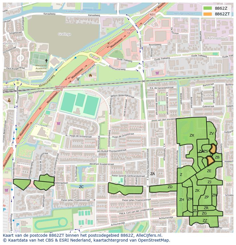 Afbeelding van het postcodegebied 8862 ZT op de kaart.