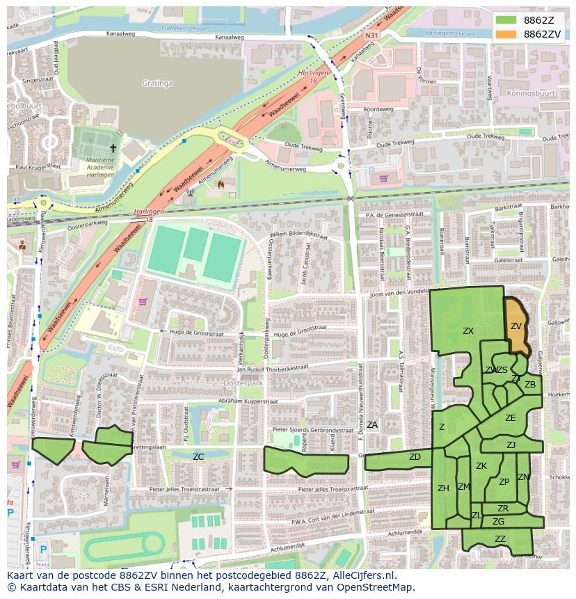 Afbeelding van het postcodegebied 8862 ZV op de kaart.
