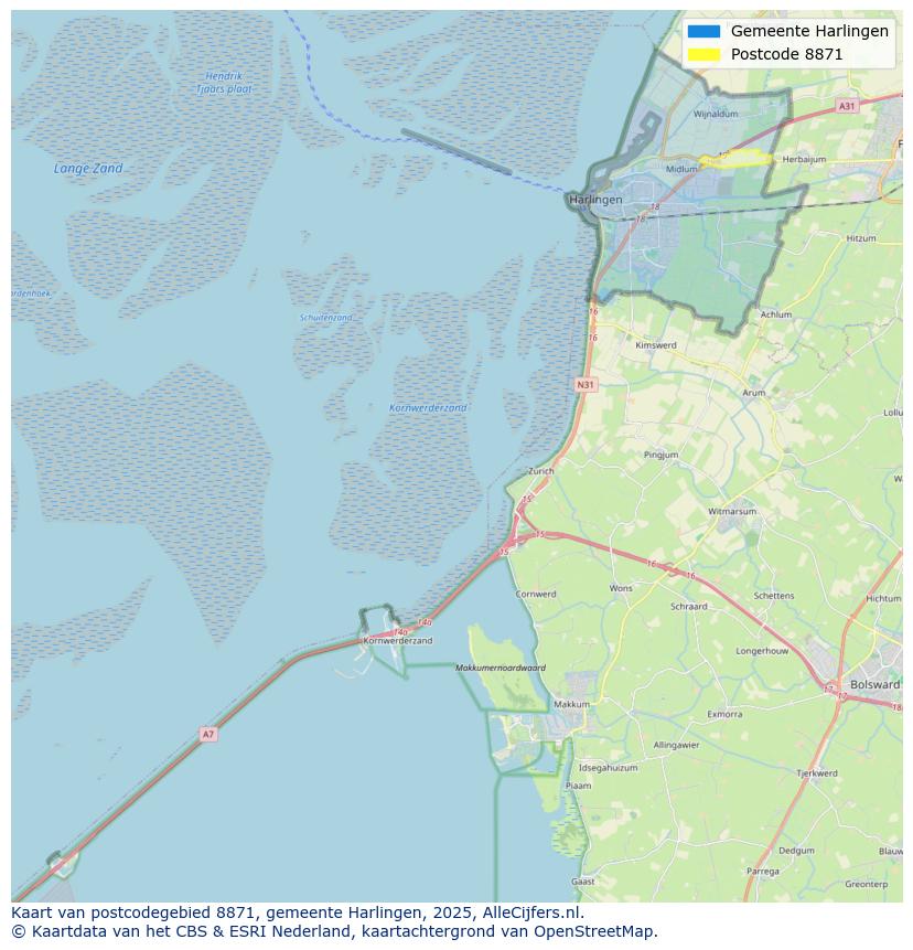 Afbeelding van het postcodegebied 8871 op de kaart.