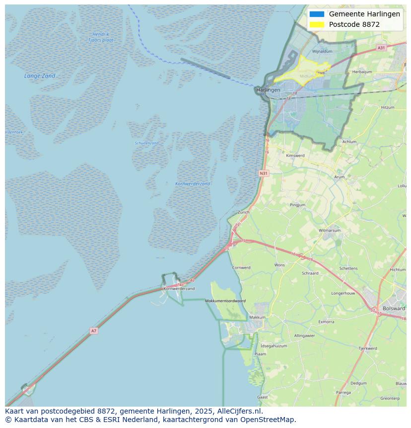 Afbeelding van het postcodegebied 8872 op de kaart.