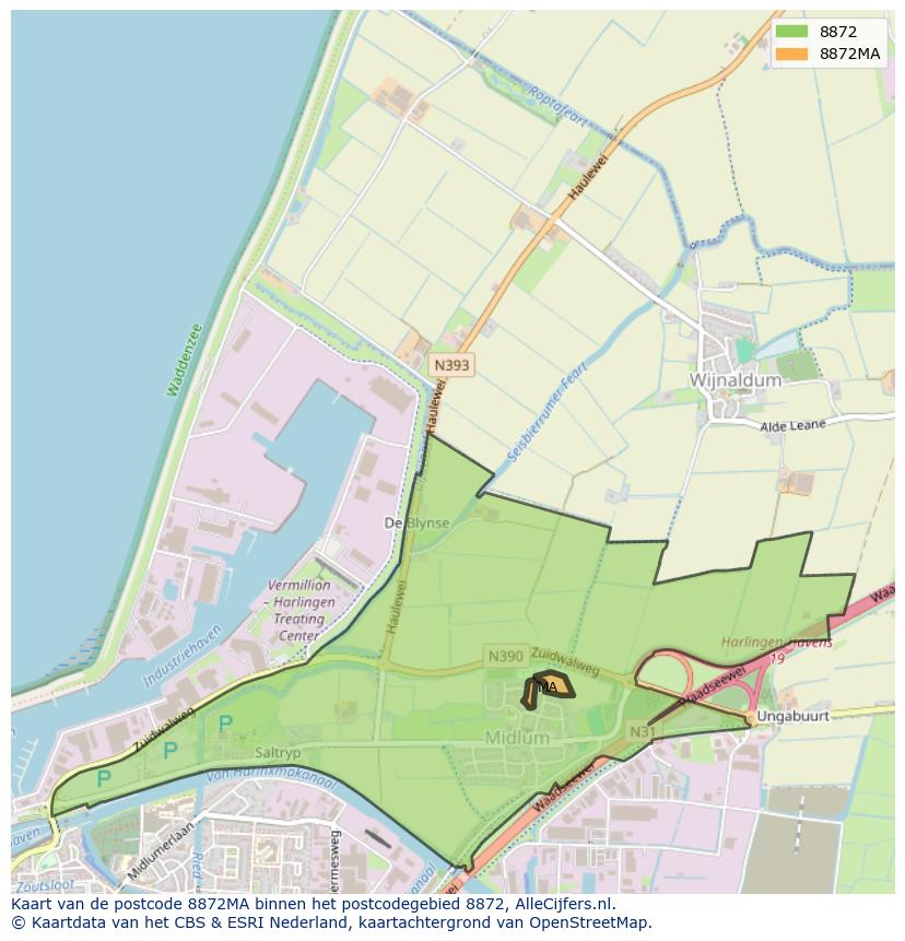 Afbeelding van het postcodegebied 8872 MA op de kaart.