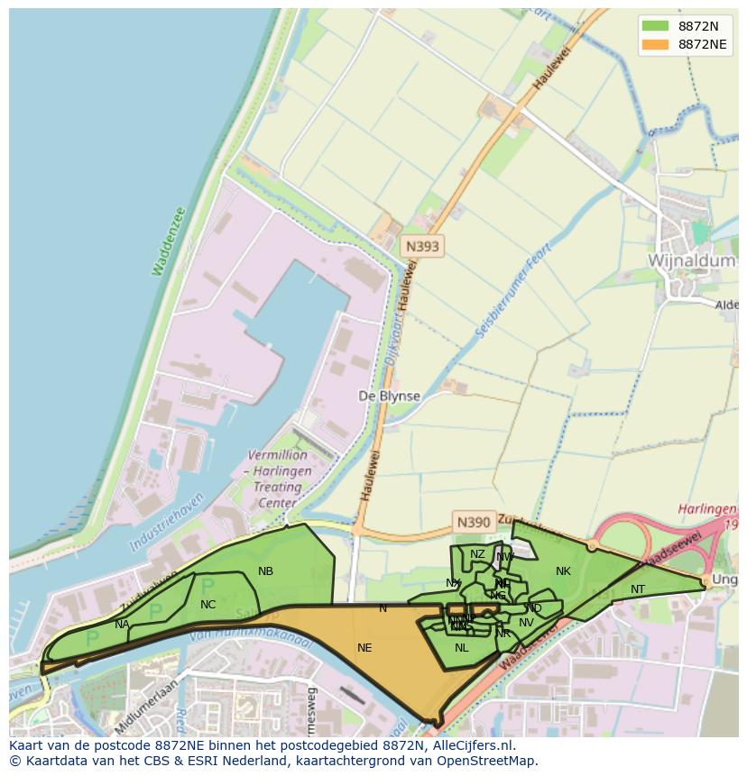 Afbeelding van het postcodegebied 8872 NE op de kaart.