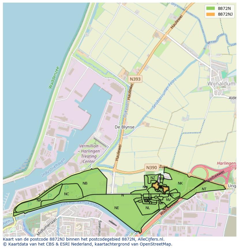 Afbeelding van het postcodegebied 8872 NJ op de kaart.