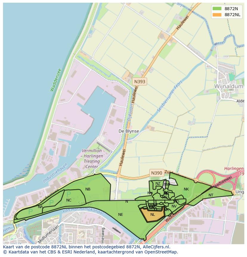 Afbeelding van het postcodegebied 8872 NL op de kaart.
