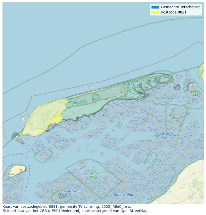Afbeelding van het postcodegebied 8881 op de kaart.
