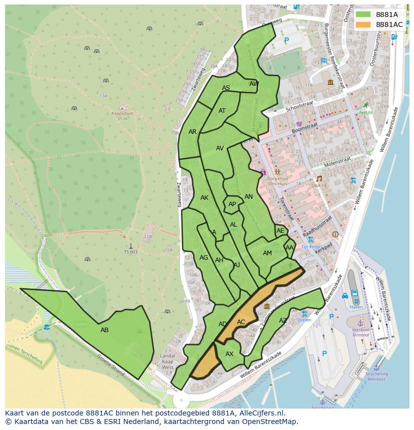 Afbeelding van het postcodegebied 8881 AC op de kaart.