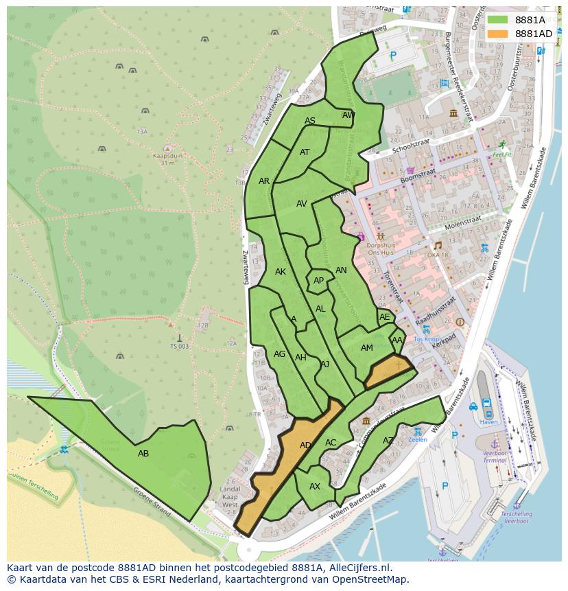 Afbeelding van het postcodegebied 8881 AD op de kaart.