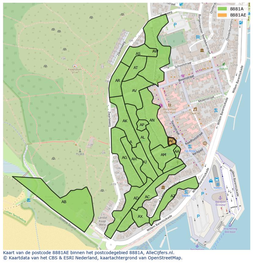 Afbeelding van het postcodegebied 8881 AE op de kaart.