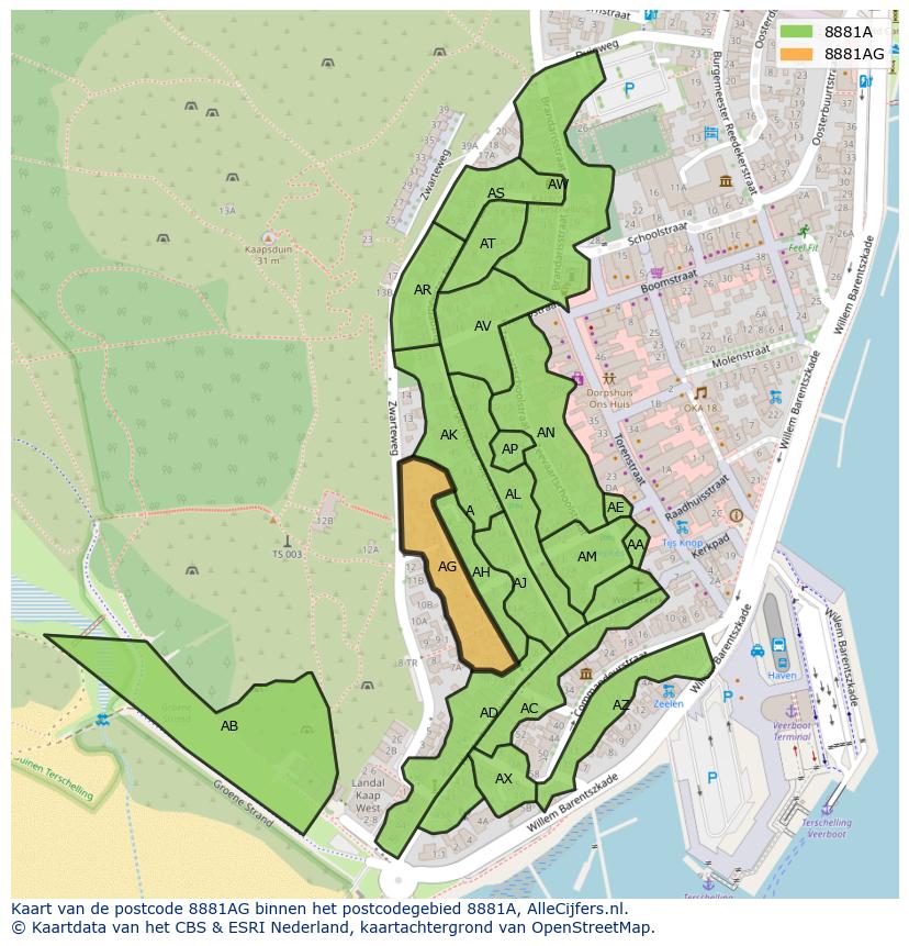 Afbeelding van het postcodegebied 8881 AG op de kaart.