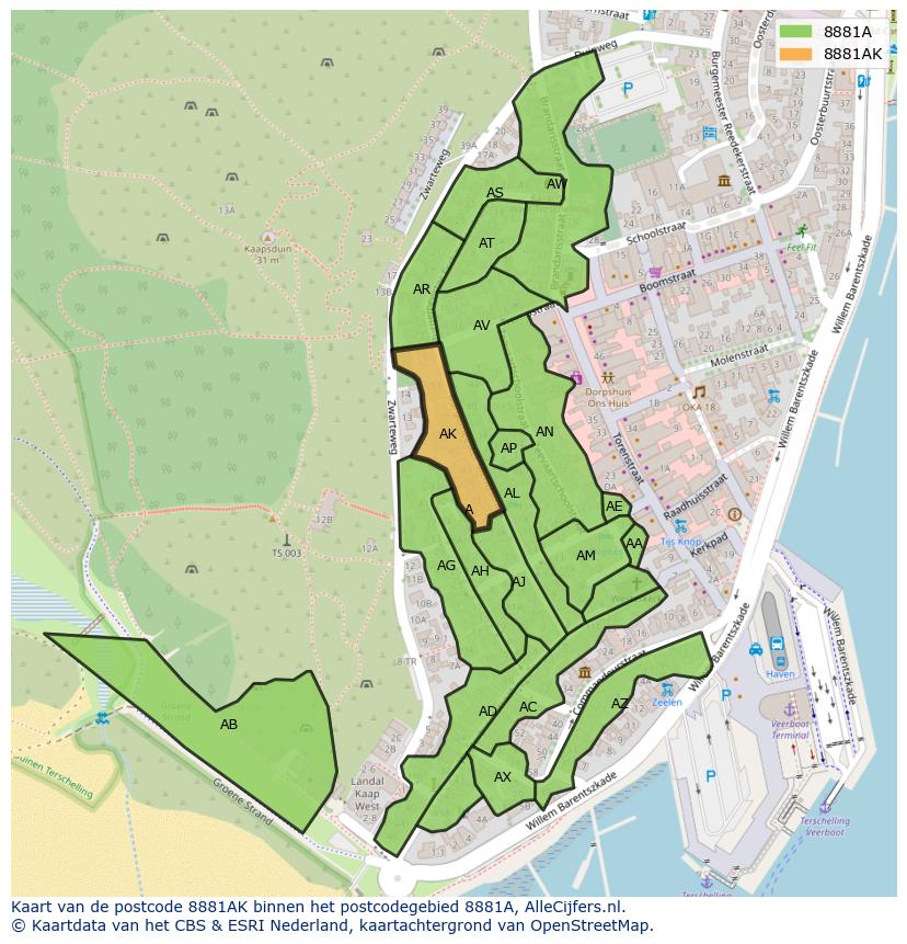 Afbeelding van het postcodegebied 8881 AK op de kaart.