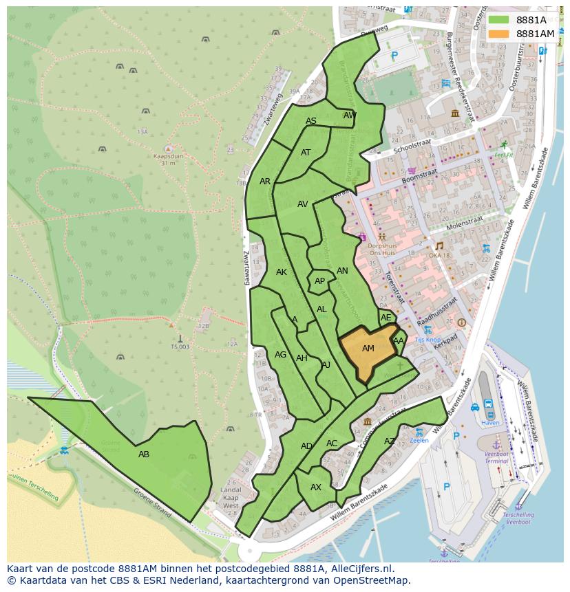 Afbeelding van het postcodegebied 8881 AM op de kaart.
