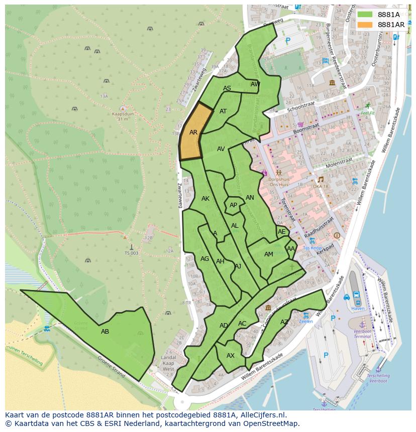 Afbeelding van het postcodegebied 8881 AR op de kaart.