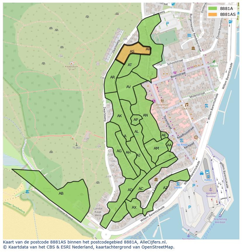 Afbeelding van het postcodegebied 8881 AS op de kaart.